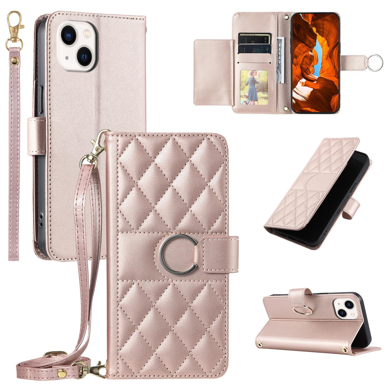 

For iPhone 14/13 Crossbody Leather Case Ring Buckle Wallet Stand Rhombus Mobile Cover A