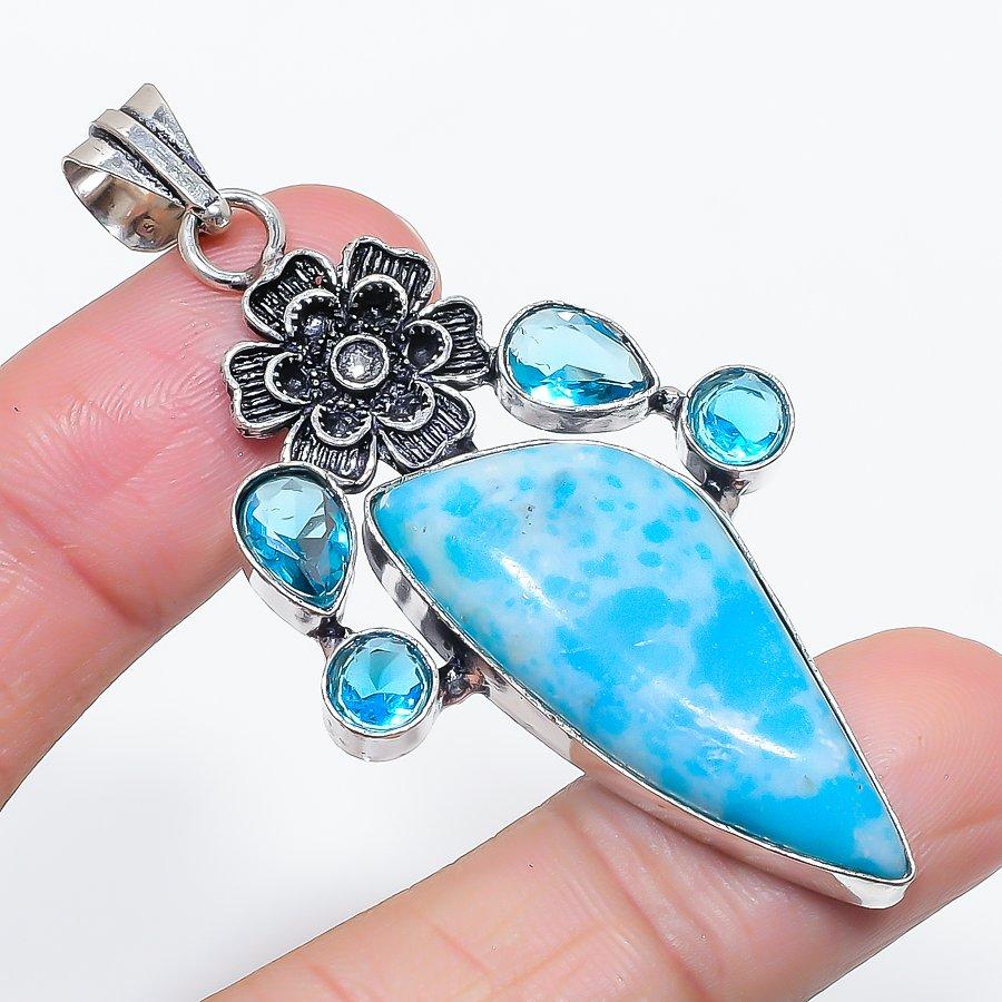 

Natural Larimar, Topaz Gemstone 925 Sterling Silver Jewelry Pendant 2.64 J9C08
