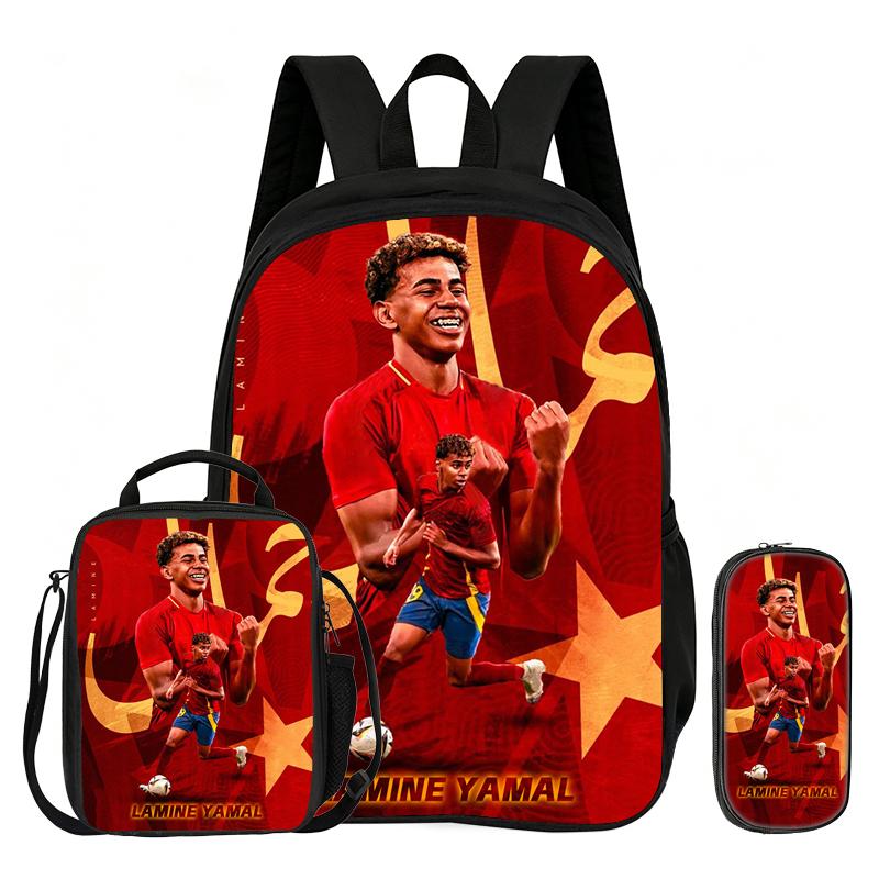 Football Sport Backpack with Lunch Bag Pencil Bags 3Pcs Set L-Lamin Yamal School Backpack Bookbag Football Star Knapsack