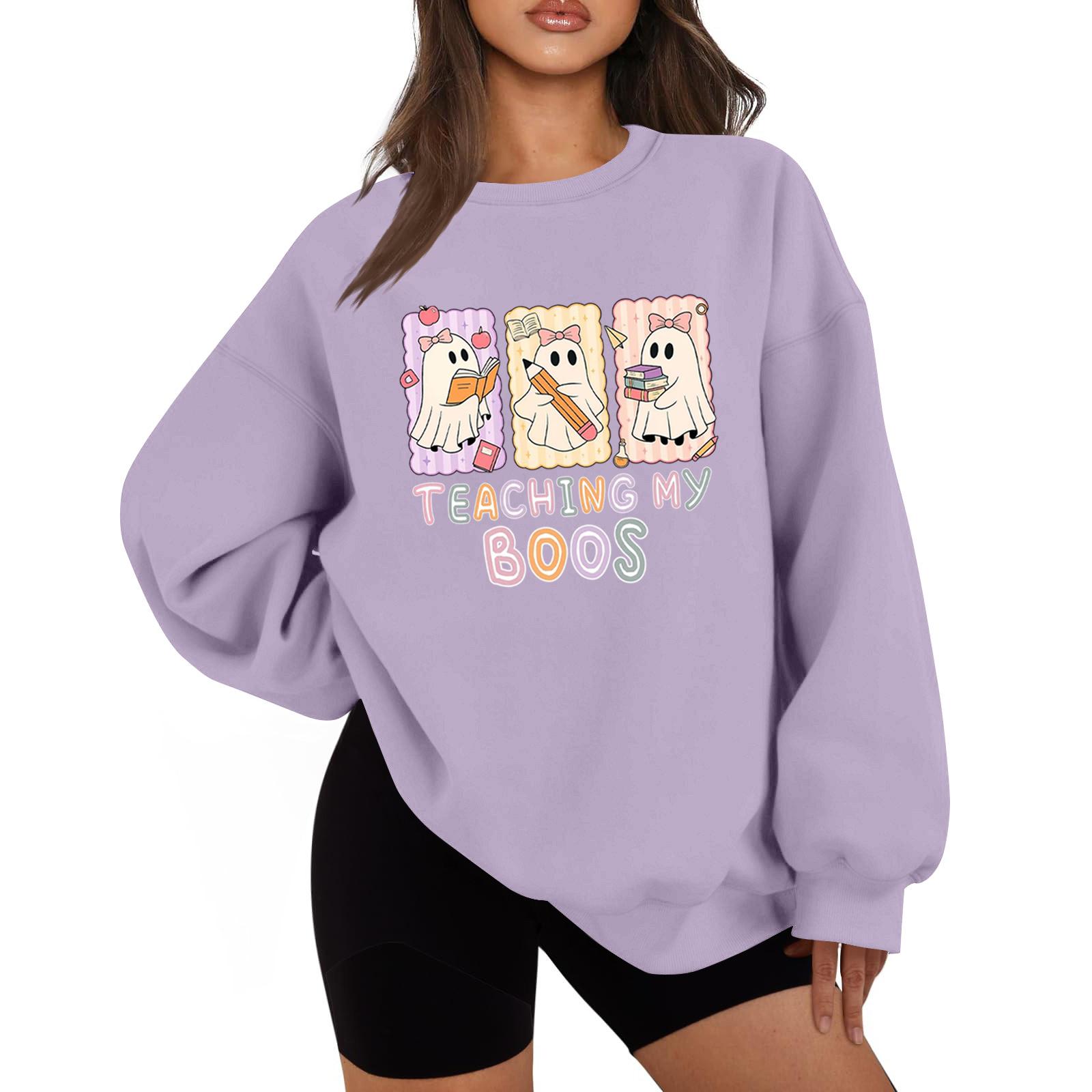 

Женская мода повседневная блузка с длинным рукавом и принтом на Хэллоуин с круглым вырезом L фиолетовый