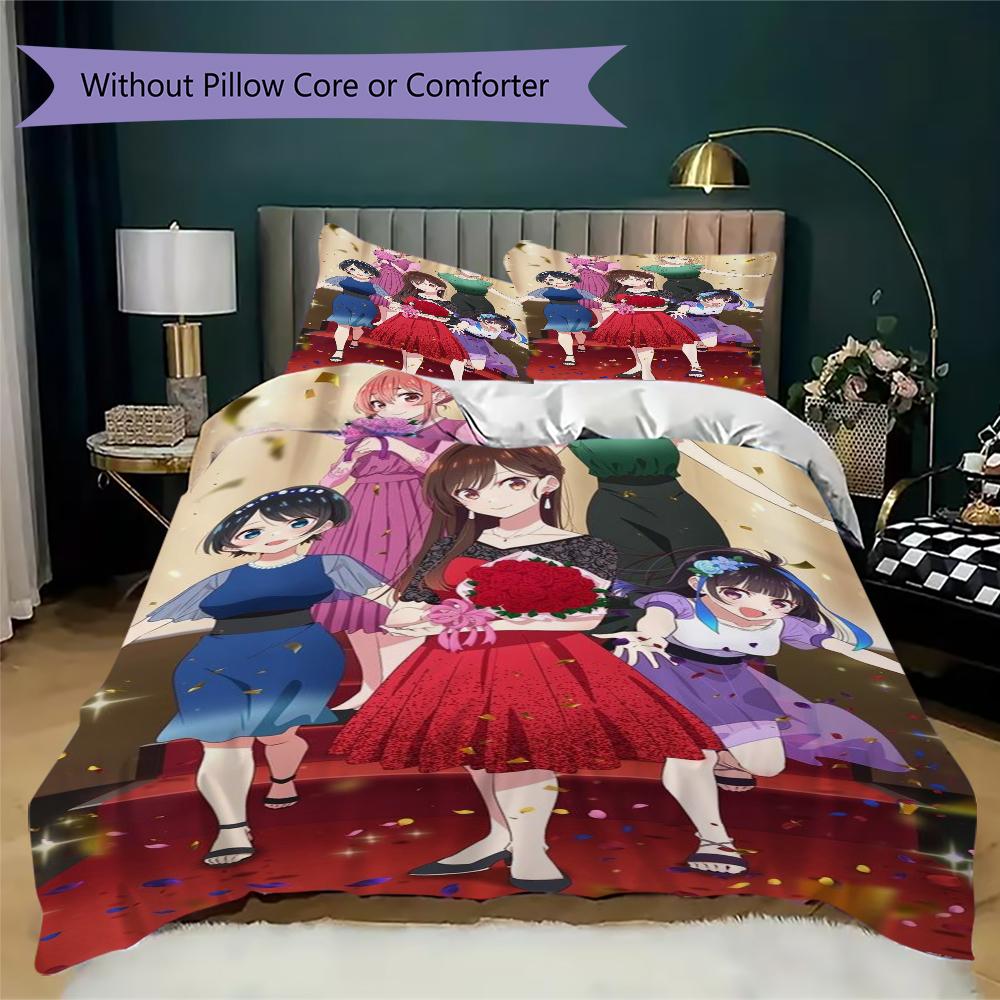 Rent a Girlfriend Pattern Bedding,Quilt Set Quilt Cover Pillowcase Home Birthday Gift(1 * duvet cover + 2 * pillowcase, without core)_lx