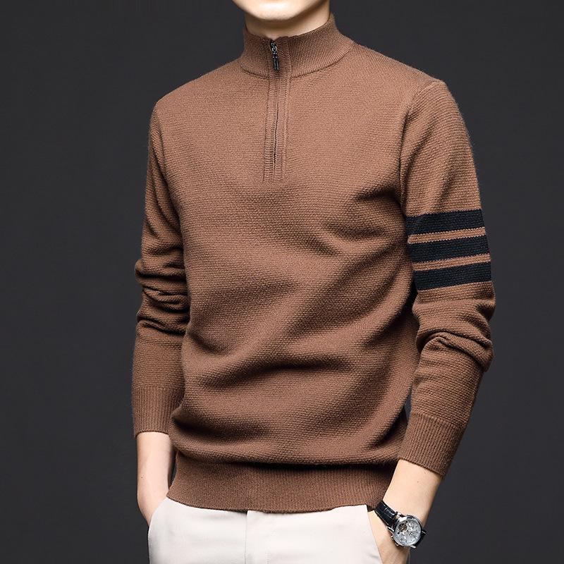 Manzibo Men's Half-Zip Jacquard Knit Stand Collar Sweater - Breathable Casual Autumn/Winter Pullover