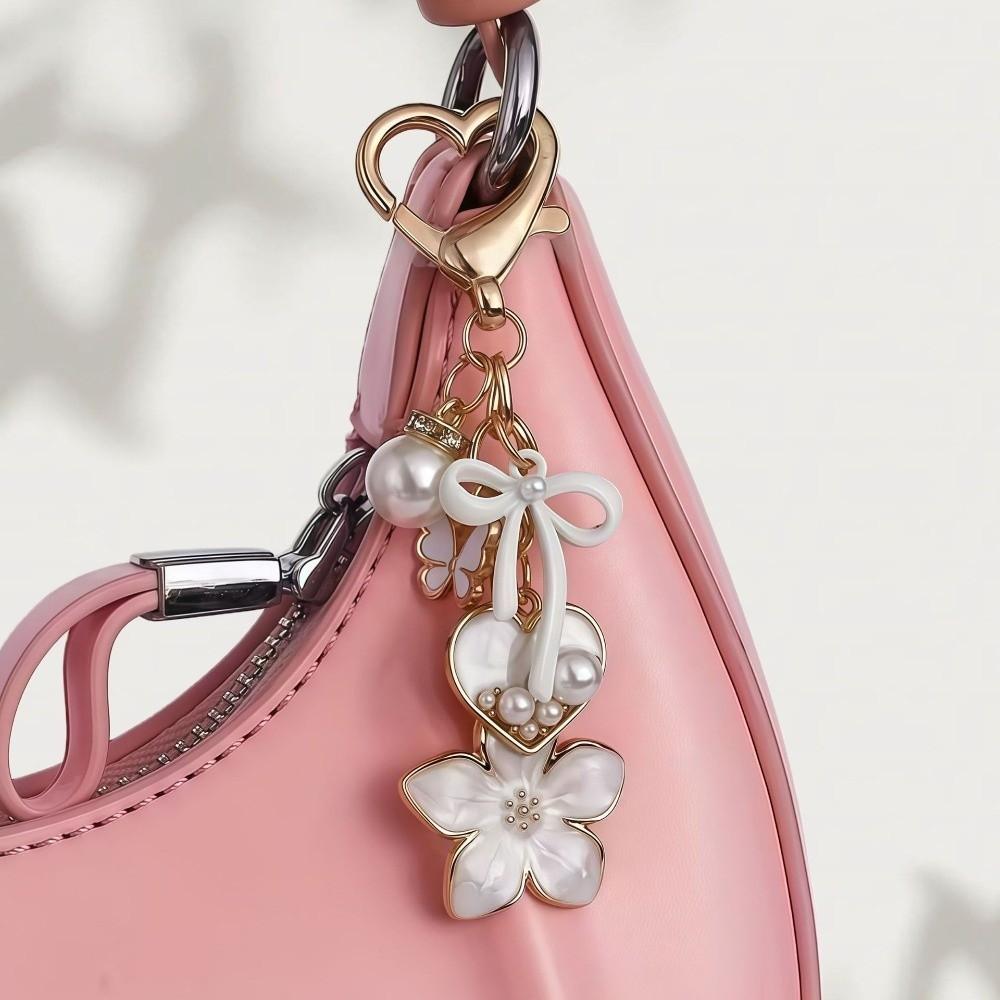 Elegant Zinc Alloy Keychain Heart Shape Pearl Accent Bag Charm Butterfly Shape Enamel Flower Pendant Charm Bag Decoration
