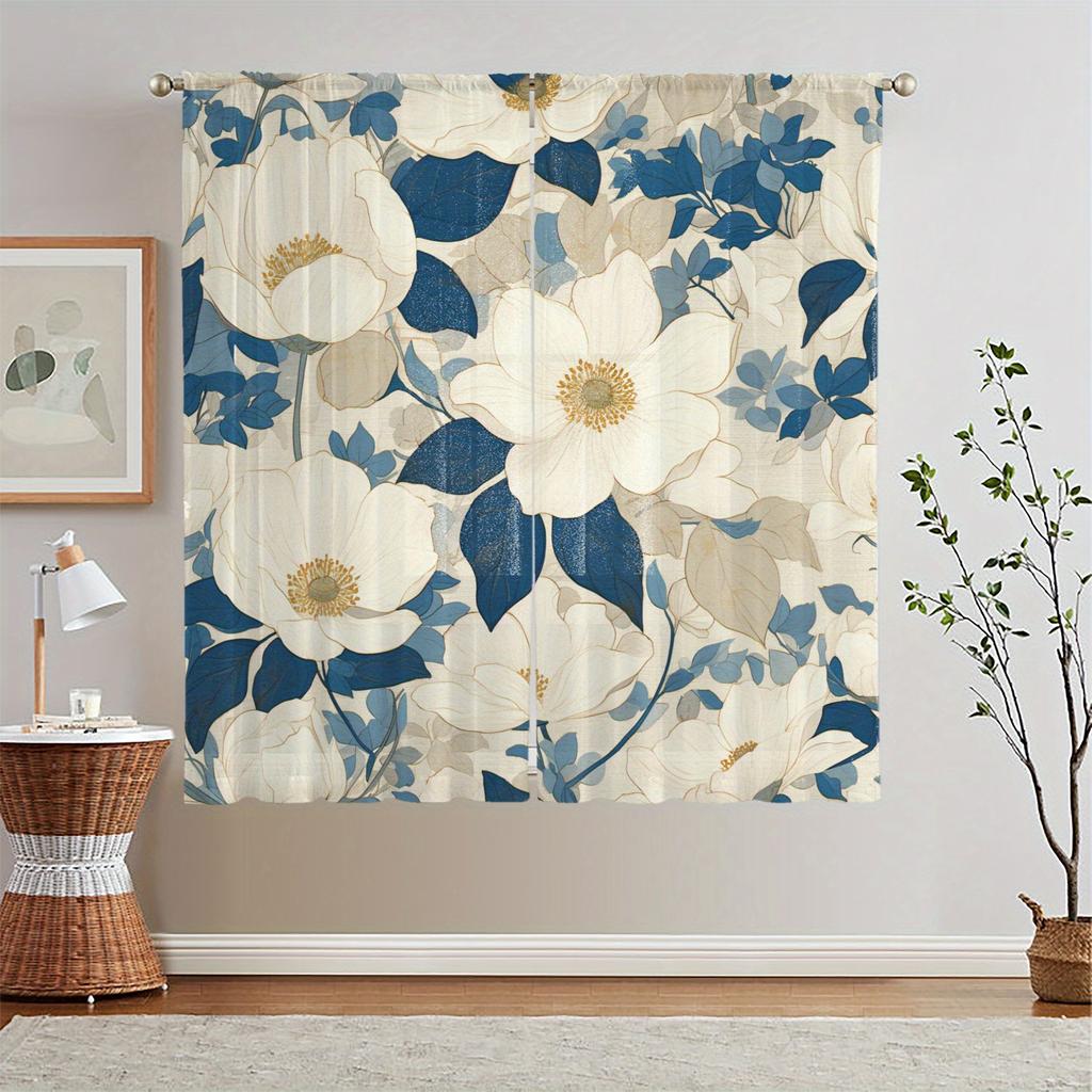 2D Flat   35x90in   Screens Featuring a White Floral Design On a Blue Leaf Background   Perfect for Home Decor Styles In Living Roo