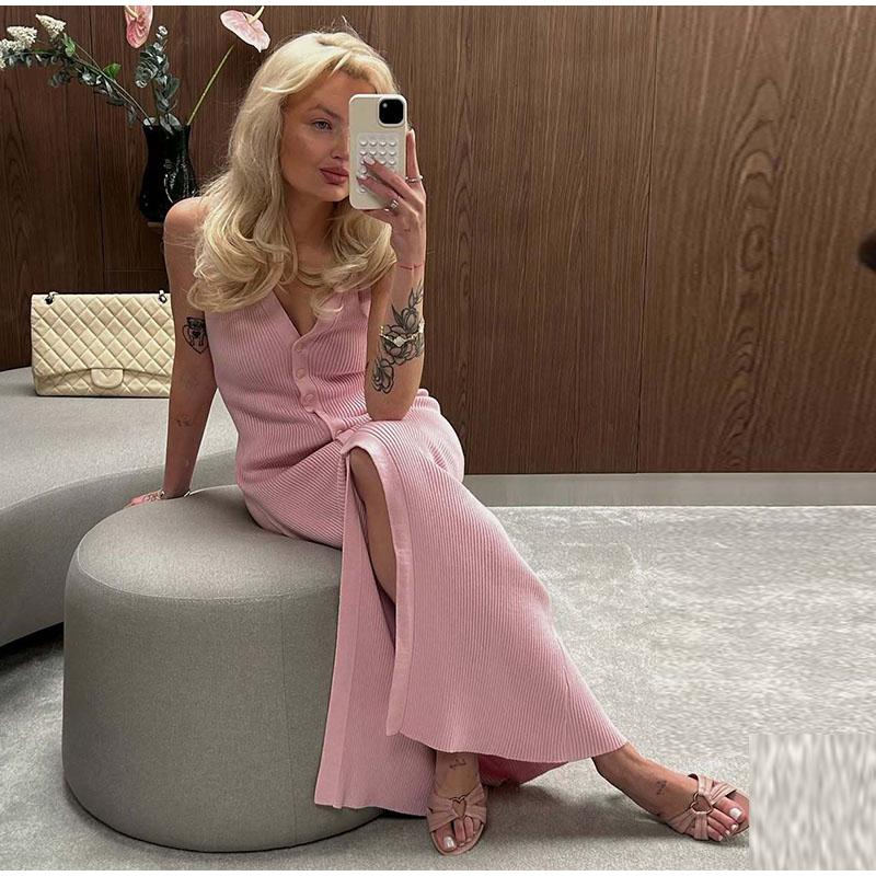 

Женское трикотажное длинное платье без рукавов с V-образным вырезом, однотонное, женское длинное платье, темпераментное платье богини, повседневное, элегантное летнее женское длинное платье L розовый