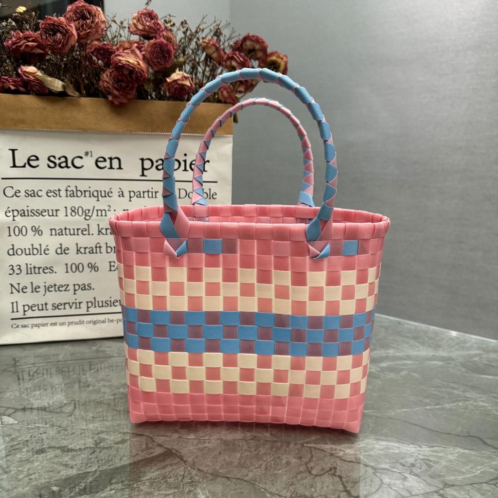 Plastic Handmade Weaving Basket Flower Bow Handbag Summer Dopamine Beach Bag Wedding Souvenir Multipurpose Storage Bag