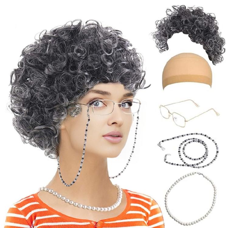 100 Days of School Old Lady Wig Costume Grandma Wig Glasses Necklace Old Lady Cosplay Set for Halloween Dress Up Party