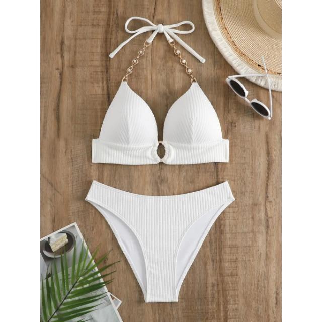 Chain Linked Cut Out Halter Bikini Sexy Swimsuit Women White Swimwear Female Bathers Bathing Swimming Swim Suit Beachwear