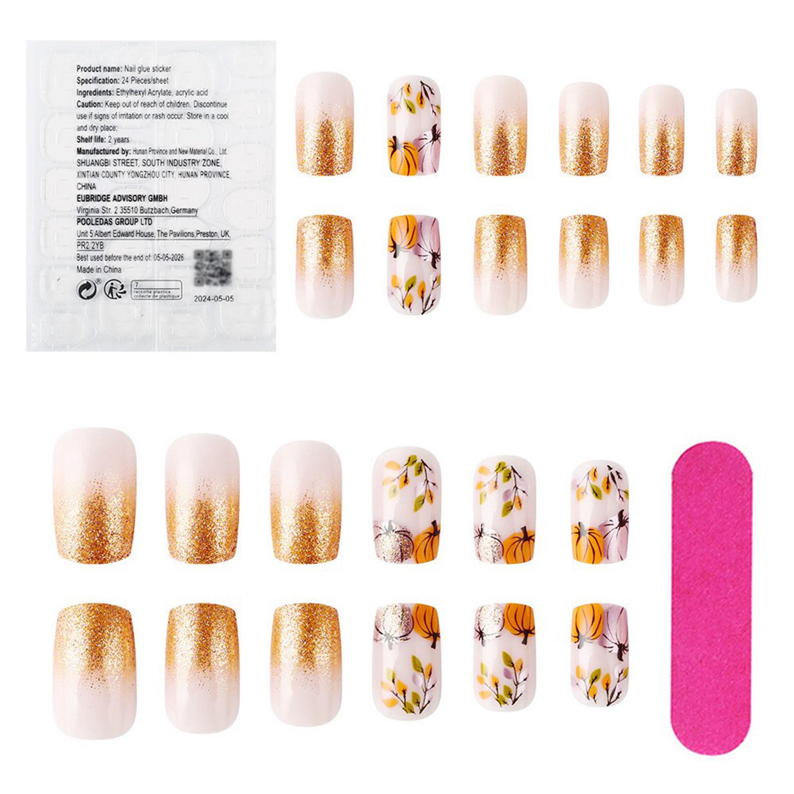 

24 шт. Короткие квадратные накладные ногти, оранжевые блестки, полное покрытие ногтей гелем, блестящие искусственные накладные ногти в форме кленового листа на День благодарения