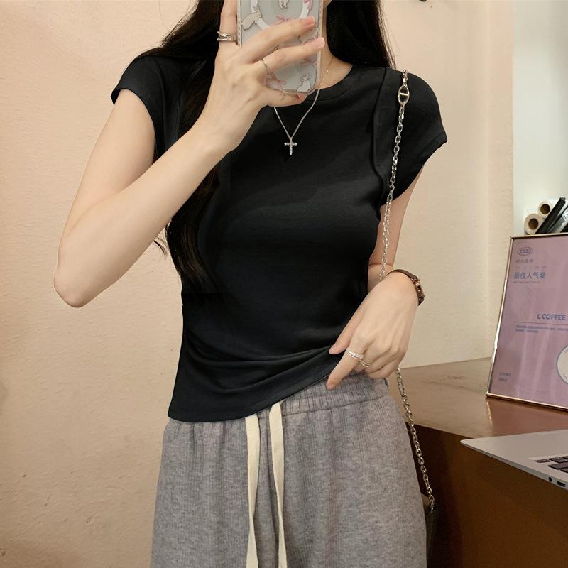 Camiseta de manga corta con cuello redondo, diseño sensual y ajustado para mujer en verano. Nueva camiseta de base corta y pequeña.