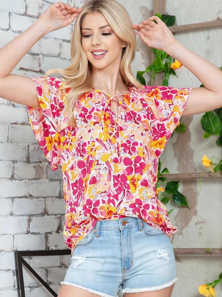 2025 Women's Summer V-Neck Ruffle Short Casual Printed Shirt