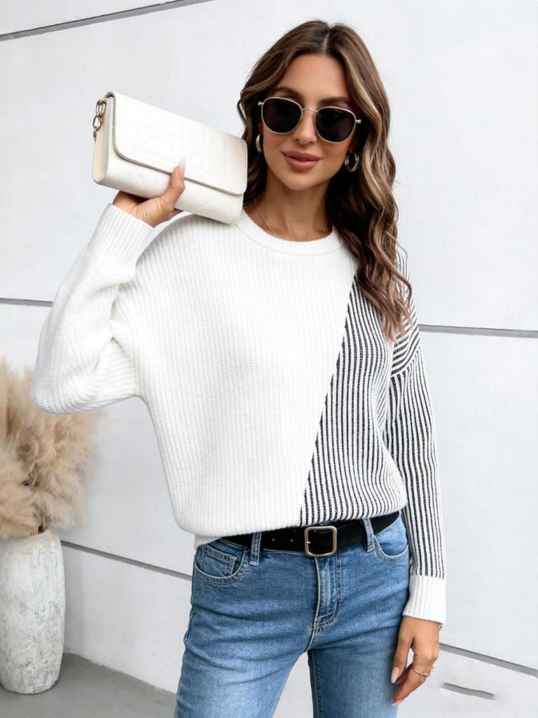 Women's Autumn Winter Color Block Loose Knit Pullover Sweater - Casual Round Neck Top