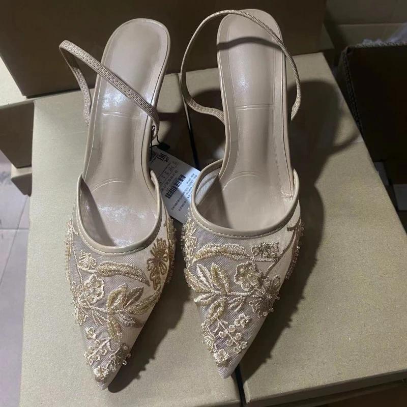 Ladies Flower Mesh Open Heel Sandals Shoes Sexy  High Heel Pointed Toe Stiletto Pumps Mules  women sandals