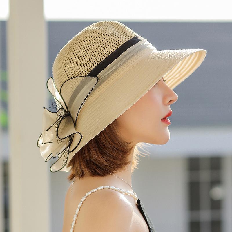 Elegant Organza Flower Bucket Hat for Women - Fashionable Sun Protection, Breathable Polyester, Perfect for Spring & Summer
