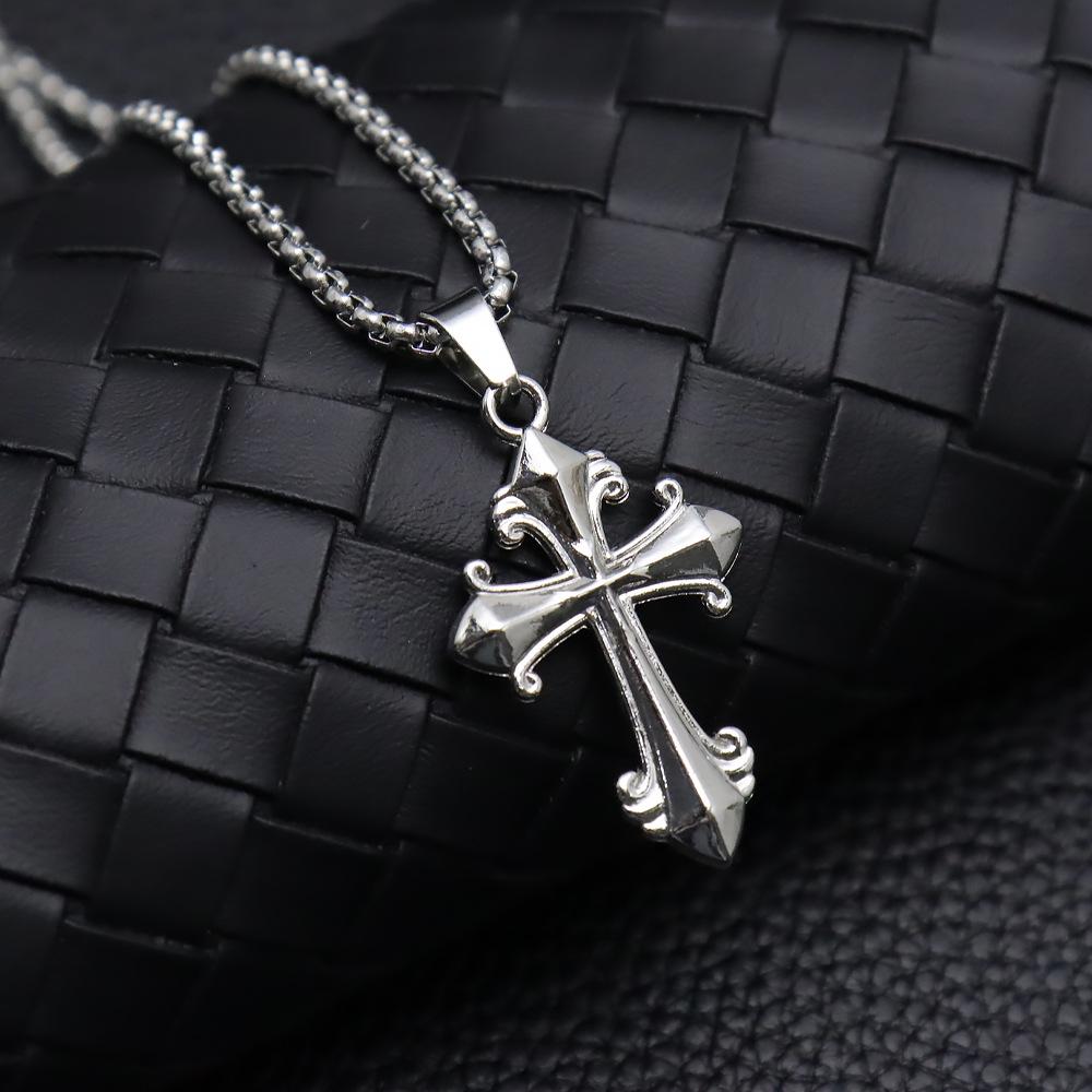 Trendy Stainless Steel Men's Cross Pendant Necklace with Long Sweater Chain