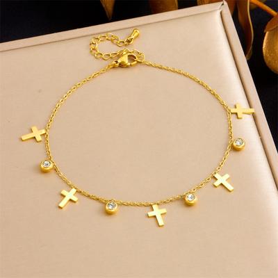 Vergoldetes Kreuz und Zirkonia-Anhänger-Fußkettchen für Damen Fußschmuck aus Edelstahl