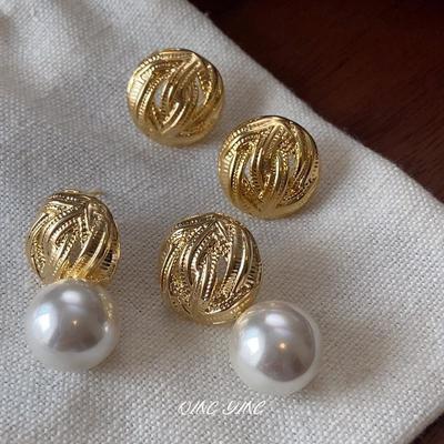 Elegant Metal Hollow Stud Earrings with Faux Pearl - French Retro Design for Women