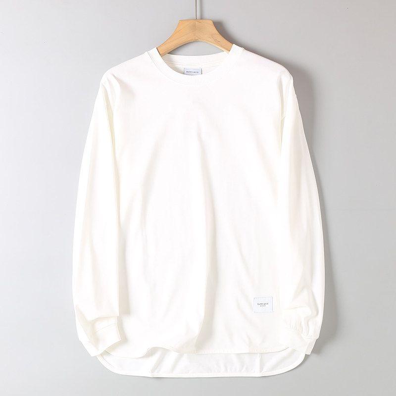 Foreign Trade Surplus Japanese Retro Washed Cotton Round Neck Long Sleeve T-Shirt for Men, Autumn Solid Color Loose Base Shirt