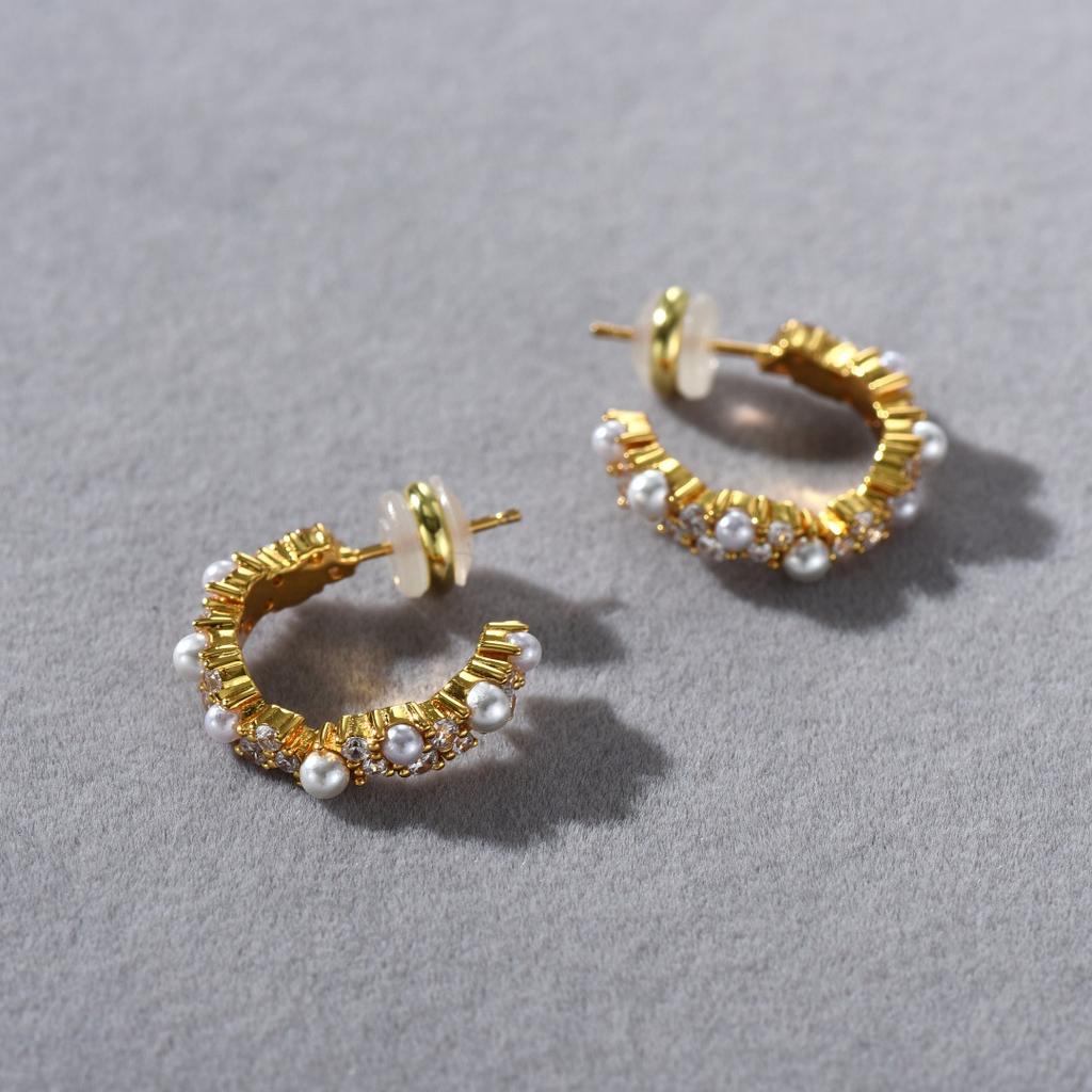 Personalized Fashion C-Shaped Inlaid Pearl Zircon Earrings S925 Silver Needle Stud Earrings Wind Niche Temperament Earrings