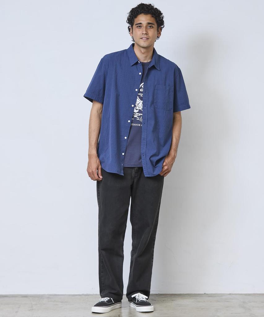 LL Bean Organic Cotton Seersucker Short Japan Size Bright 1000041817 Men's Shirt, Sleeve, Striped, Fit, M, Blue,