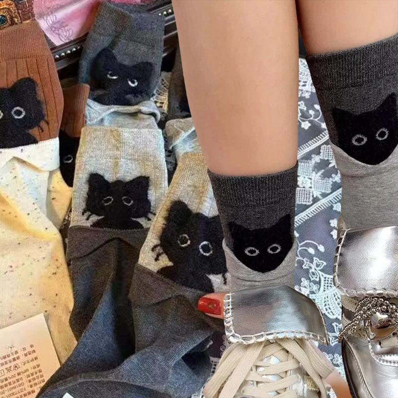 2026 Korean Cute Cartoon Kitten Mid-tube Socks Women's Autumn Winter Warm Stacking Socks Kawaii Cat Print Cotton Soft Long Sock