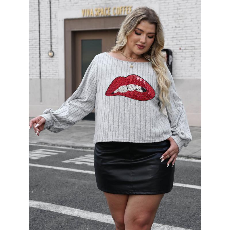 Base Layer Women's Top Plus Size Women's Clothing Sequin Embroidery Lips Personality Patchwork Pullover T-Shirt