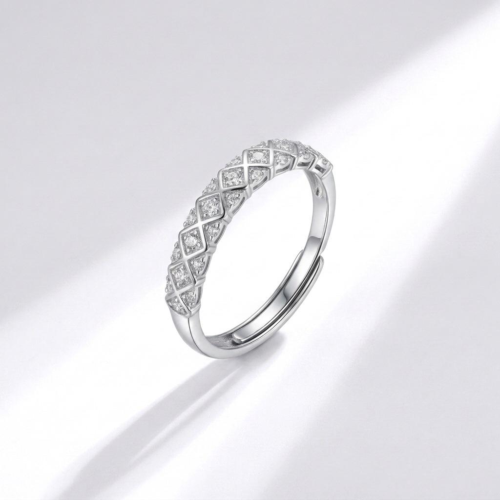 S925 Sterling Silver Open Adjustable Women's Ring with Diamond-Encrusted Lattice - Exquisite and Luxurious Accessory
