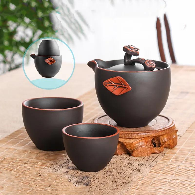 

Portable Travel Tea Set Yixing Purple Clay Teapot Set One Pot and Two Cups Home Teaware Chinese Tea Ceremony Supplies Teapots Three-piece Set