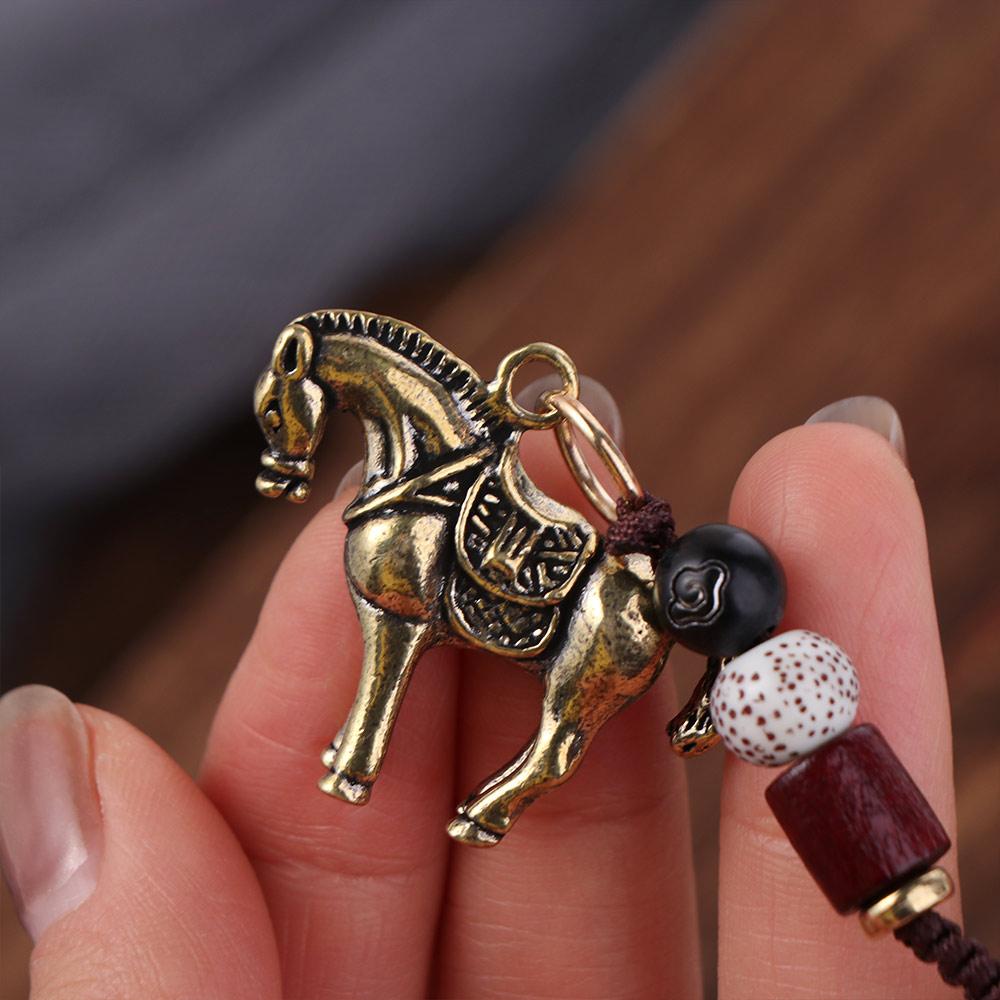 Copper Horse Lucky Bag Pendant Feng Shui Weaving Key Chains Chinese Zodiac Key Ring New Year