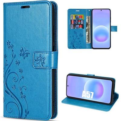 Synthetic Leather Case - BOOLING - for Samsung Galaxy A57 5G - Scratch-Resistant Floral Relief - Blue