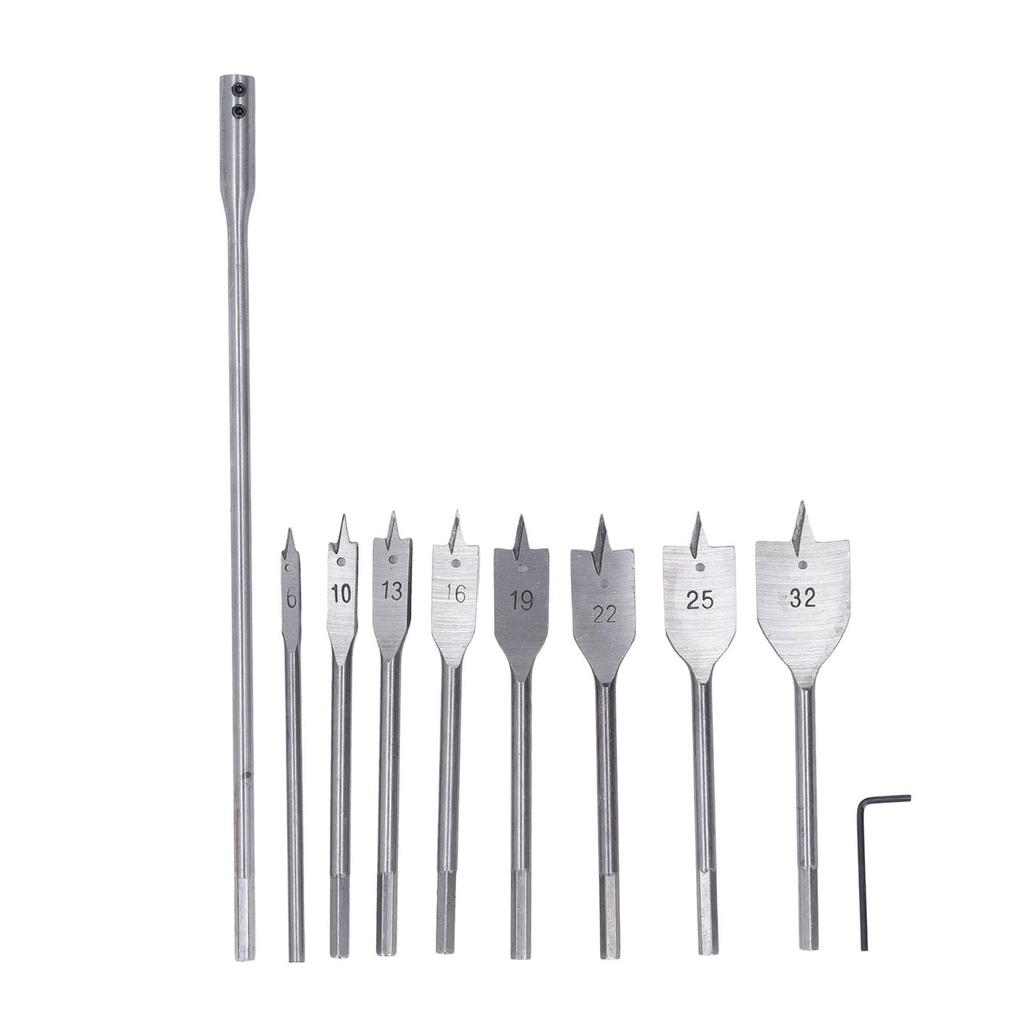Set 10 Bucăți Burghie pentru Lemn Oțel Carbon Ridicat 8 Dimensiuni Coadă 1/4 inch Burghie Spadă pentru Prelucrarea Lemnului