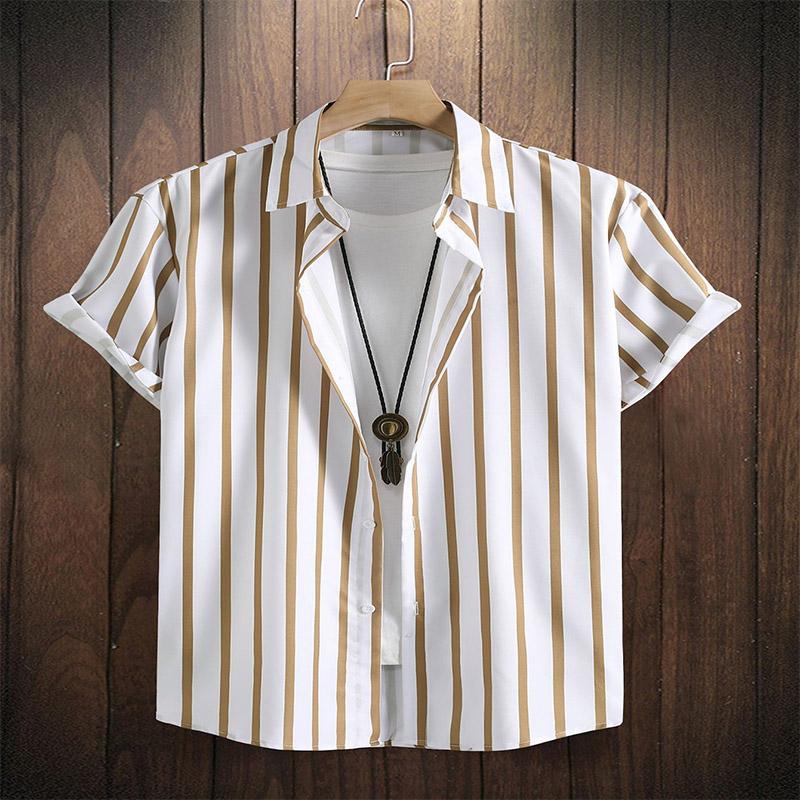 Camicie da Uomo a Maniche Corte con Righe Verticali, Collo a Revers, Vestibilità Larga, Leggere, Traspiranti, Top Casual Quotidiani con Bottoni