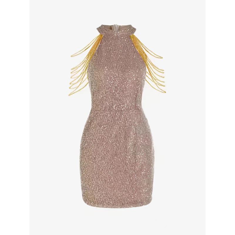 Spring and Summer Women's Dress Fashion Hanging Neck Sexy Crystal Tassel Hip Sequins Dress Midi Evening Gowns