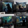 Schwarze Katze Niedliche Kissenhülle Natürlicher Leinen Bio-Stoff Zweiseitiger Druck Sofa Heimdekor Geschenk Kissenbezug