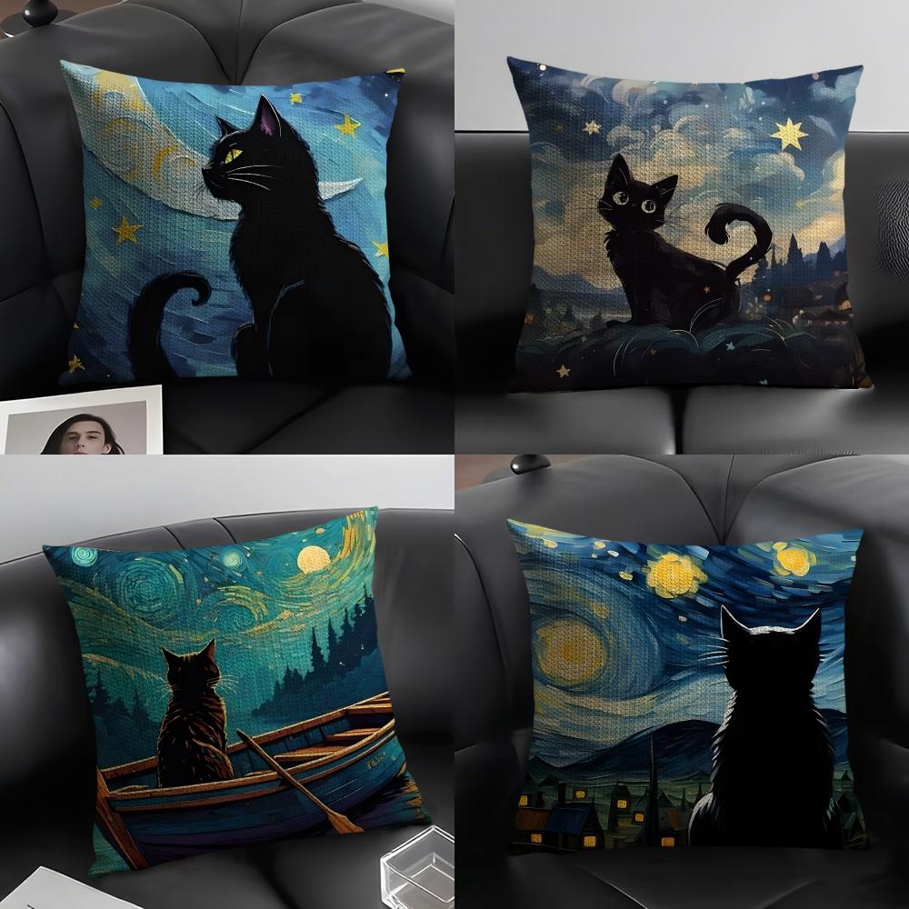 Black Cat Cute Cushion Cover Natural Linen Organic Fabric DoubleSided Printing Sofa Home Decor Gift Pillow Case