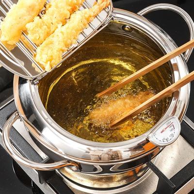 20/24 Cm Diameter Japanese Deep Frying Pot with a Thermometer and a Lid 304 Stainless Steel Kitchen Tempura Fryer Pan