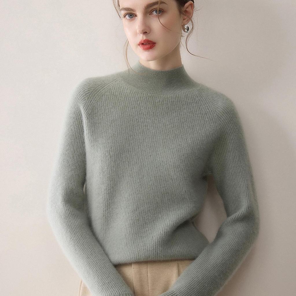 Women's Cashmere Knit Top, Half-High Neck, Loose Fit, Slimming, Thick Sweater for Autumn/Winter