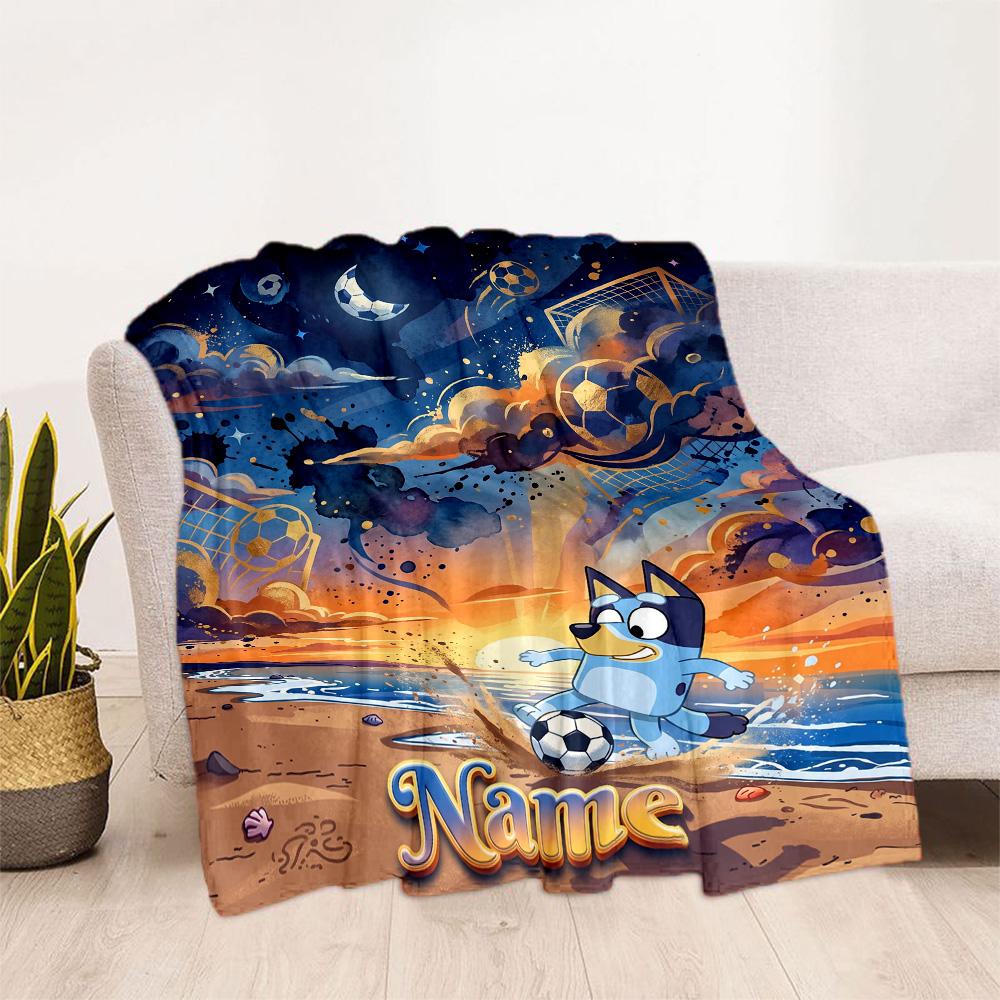 Bluey Soccer Adventure Customize Text Blanket Cozy Customizable Blanket Comfortable Great for Bedding Couch Sofa Office Chair Four Seasons Universal