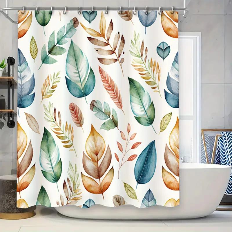 

Шторка для душа Листья акварелью Декор для ванной комнаты Современный дизайн для домашнего декора Водонепроницаемая ткань 72x78 дюймов (Белый Зеленый Жел W90xH180cm