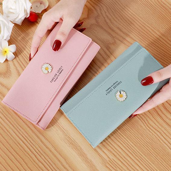 Women's Long Zipper Wallets Simple Daisy Versatile Mobile Phone Bag Solid Color Large Capacity Casual Purse