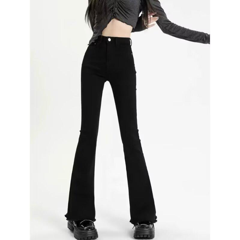 Spring/Summer Women s Black-Gray Frayed Micro-Flare High-Waisted Jeans Large