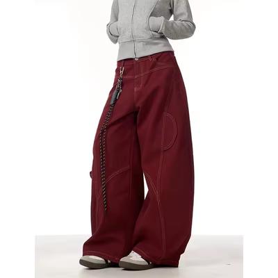 Pantalon en jean droit rouge vintage taille haute pour femme Y2K années 90 hip-hop streetwear américain jambe large pantalon en jean classique