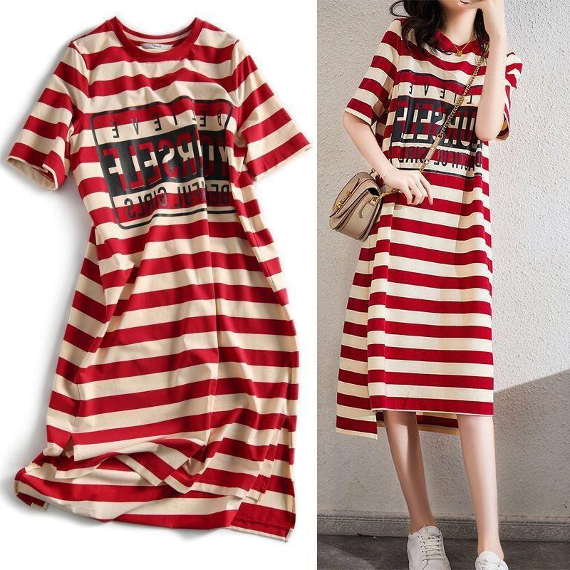 

Летнее полосатое облегающее платье-футболка 2025: Женское платье миди в корейском стиле 3XL