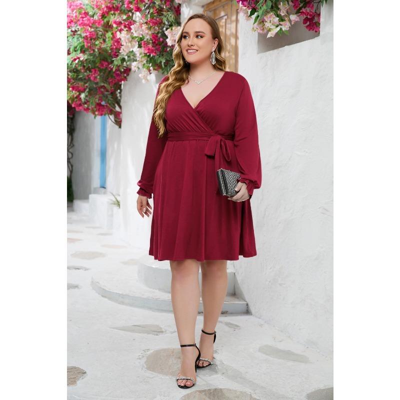 Spring and Autumn Women's Dress Plus Size Fashion Temperament Solid Color V-Neck Dresses