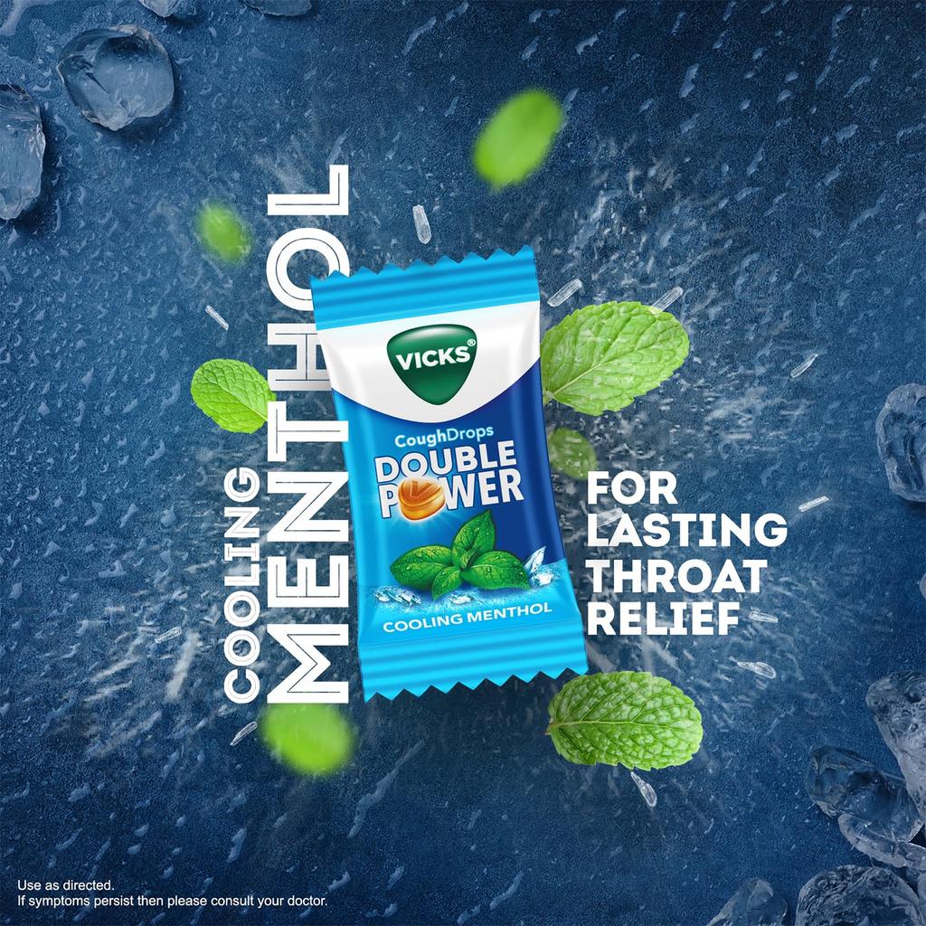 VICKS COUGH DROPS DOUBLE POWER (Bag of 25) WITH AYURVEDIC INGREDIENTS , COOLING MENTHOL FLAVOUR