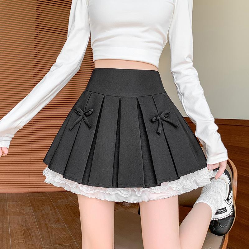 Dámská jarní/letní sukně s vysokým pasem, krajkou a mašlí, áčkového střihu, plisovaná - baletní styl