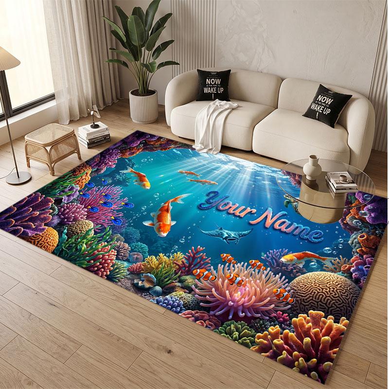 Fish Ocean Theme Soft Crystal Velvet Rug Custom Name & Text Print Non Slip Floor Rug for Bedroom Living Room