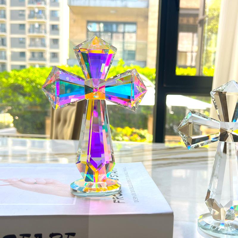 Crystal Cross Ornament Craft, Spiritual Home Decor for Living Room Bedroom Entryway, Religious Art Statue