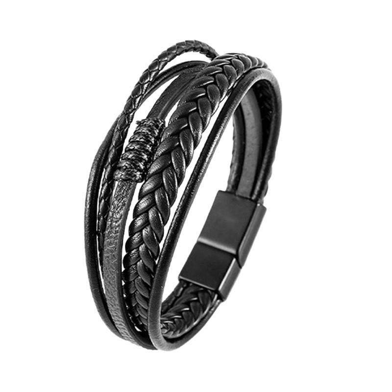 Leather Bracelet - Simple and Retro Decorative Pendant Bracelet, Multi-layer Woven Chain, Men's Style, Alloy, Magnetic Attachment