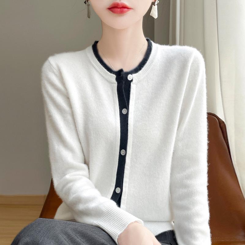 Autumn/Winter Color Block Wool Faux Two-Piece Korean Style Loose Cardigan for Women